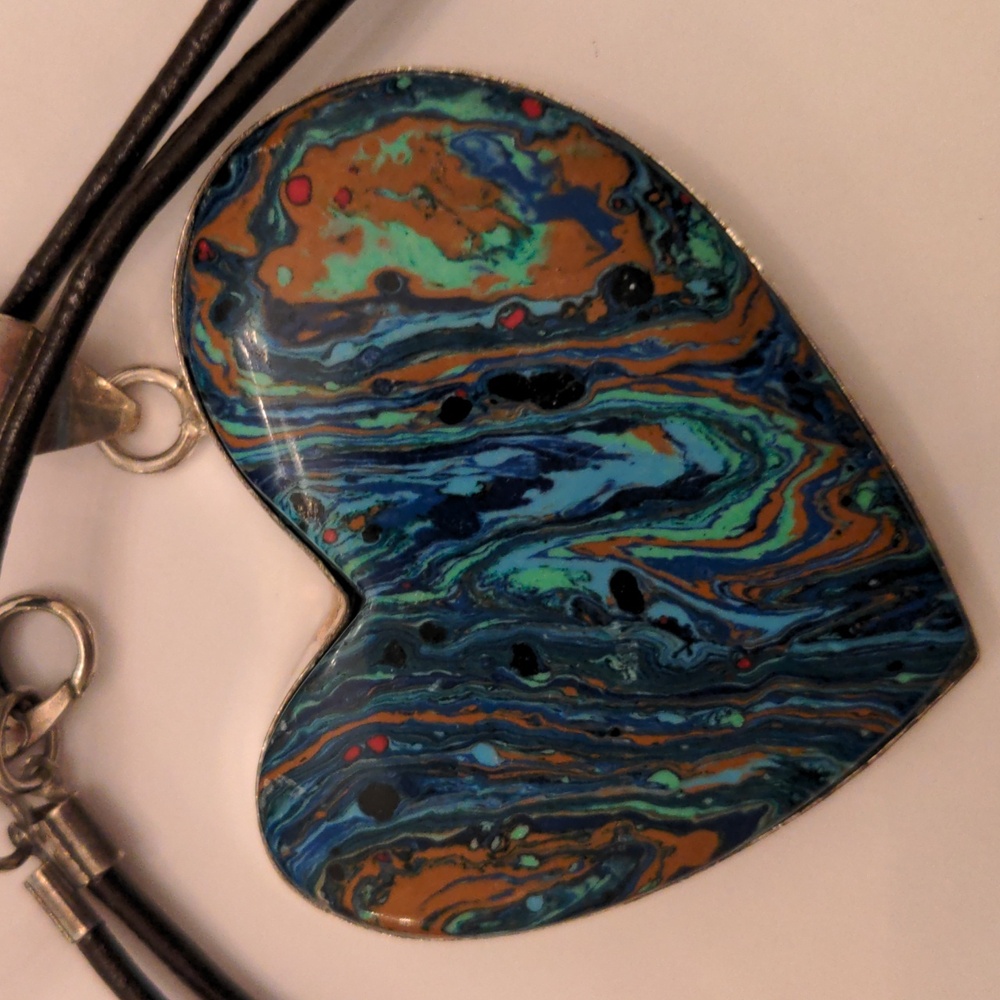 New Rainbow Calcilica Heart Sterling Silver Pendant Necklace, Leather Cord,  Box
